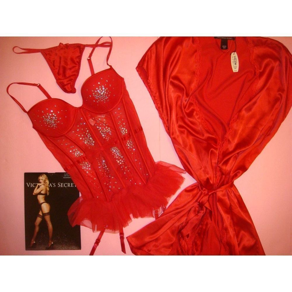 Victoria's Secret 34C GARTER SLIP/CORSET+M ROBE SET satin RED crystallized tu-tu
